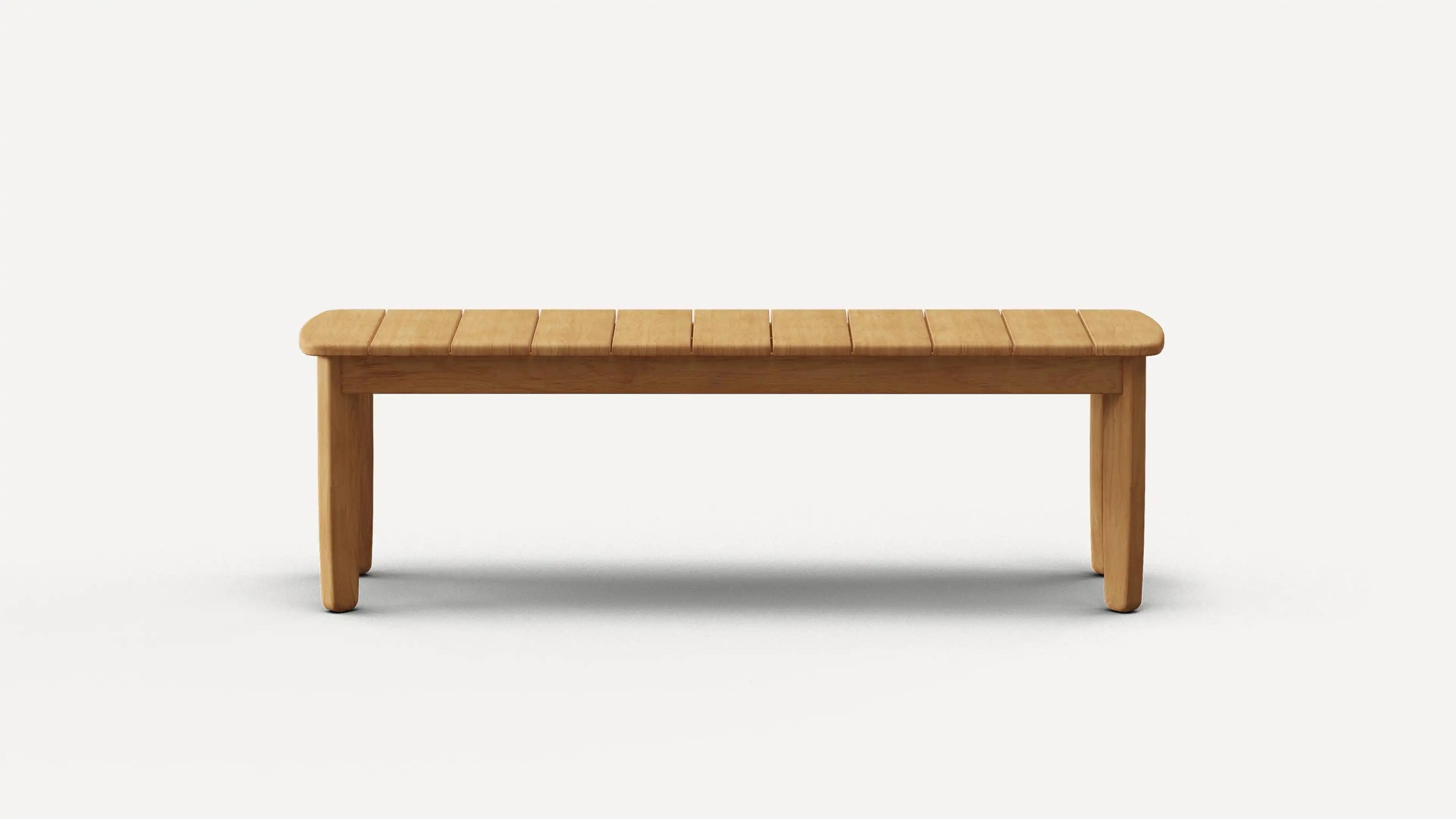 Simple wooden bench with slatted top and four sturdy legs, displayed on white background.