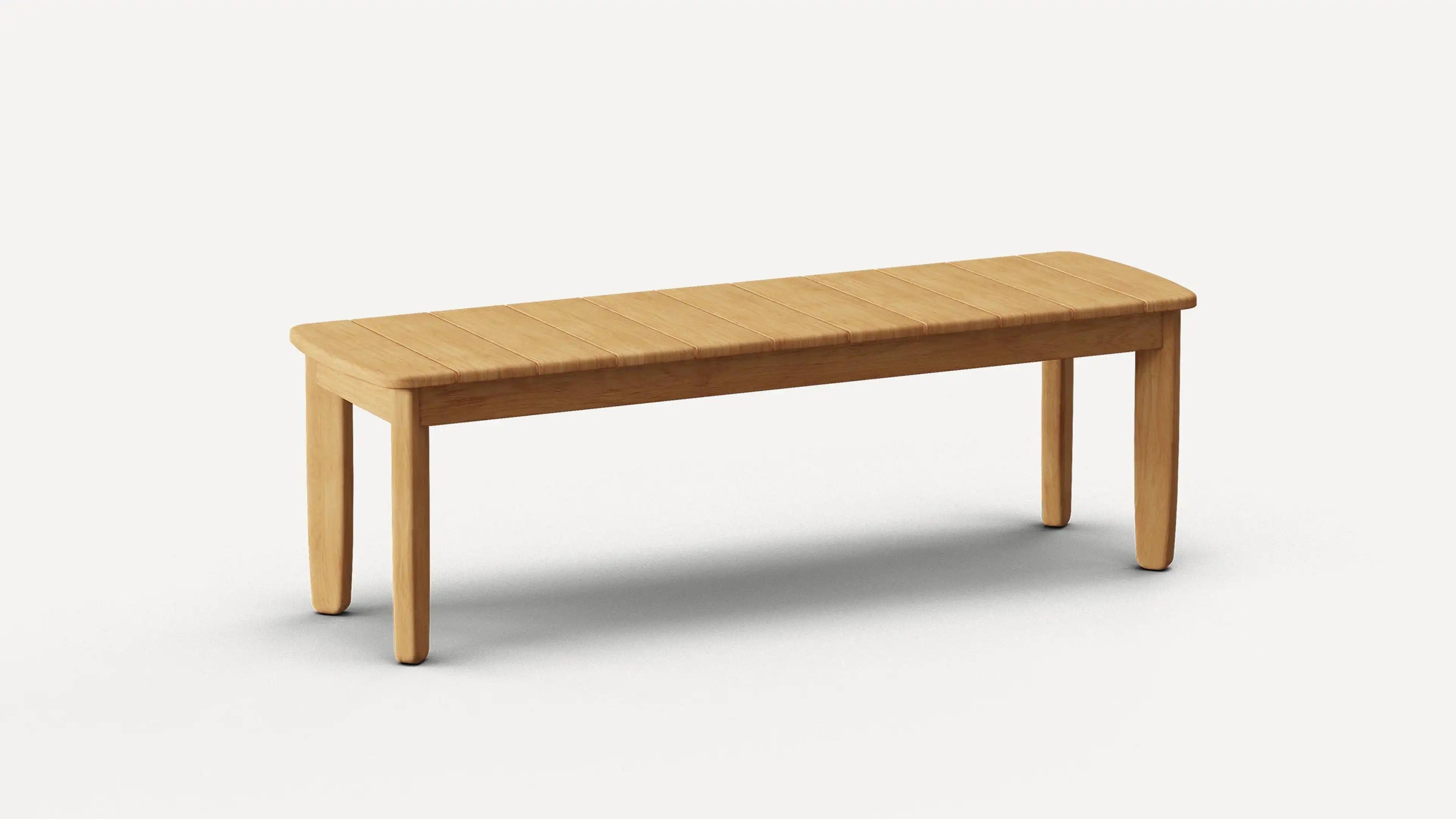 Simple wooden bench with straight legs and a slatted top, finished in light natural wood color.