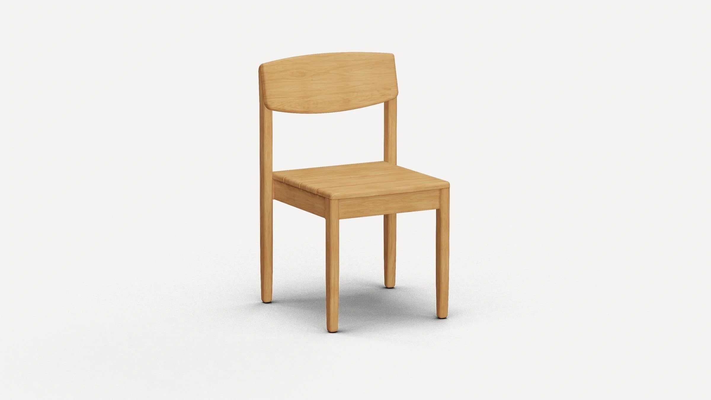 Minimalist wooden chair with a light oak finish, featuring a flat seat and curved backrest on four sturdy legs.