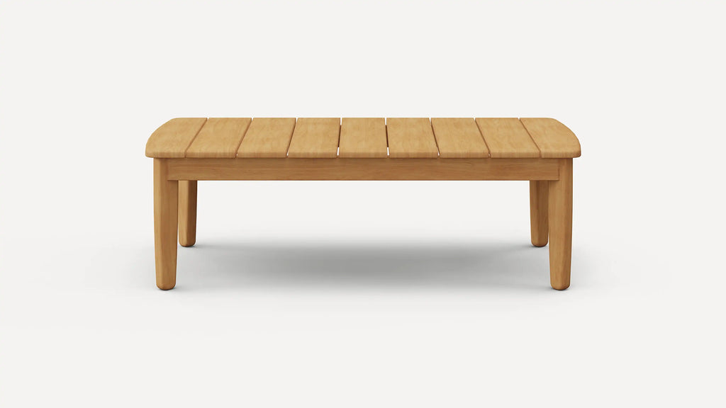 Light brown wooden coffee table with a slatted top and four rounded legs, shown against a plain white background.