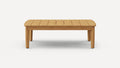 Light brown wooden coffee table with a slatted top and four rounded legs, shown against a plain white background.