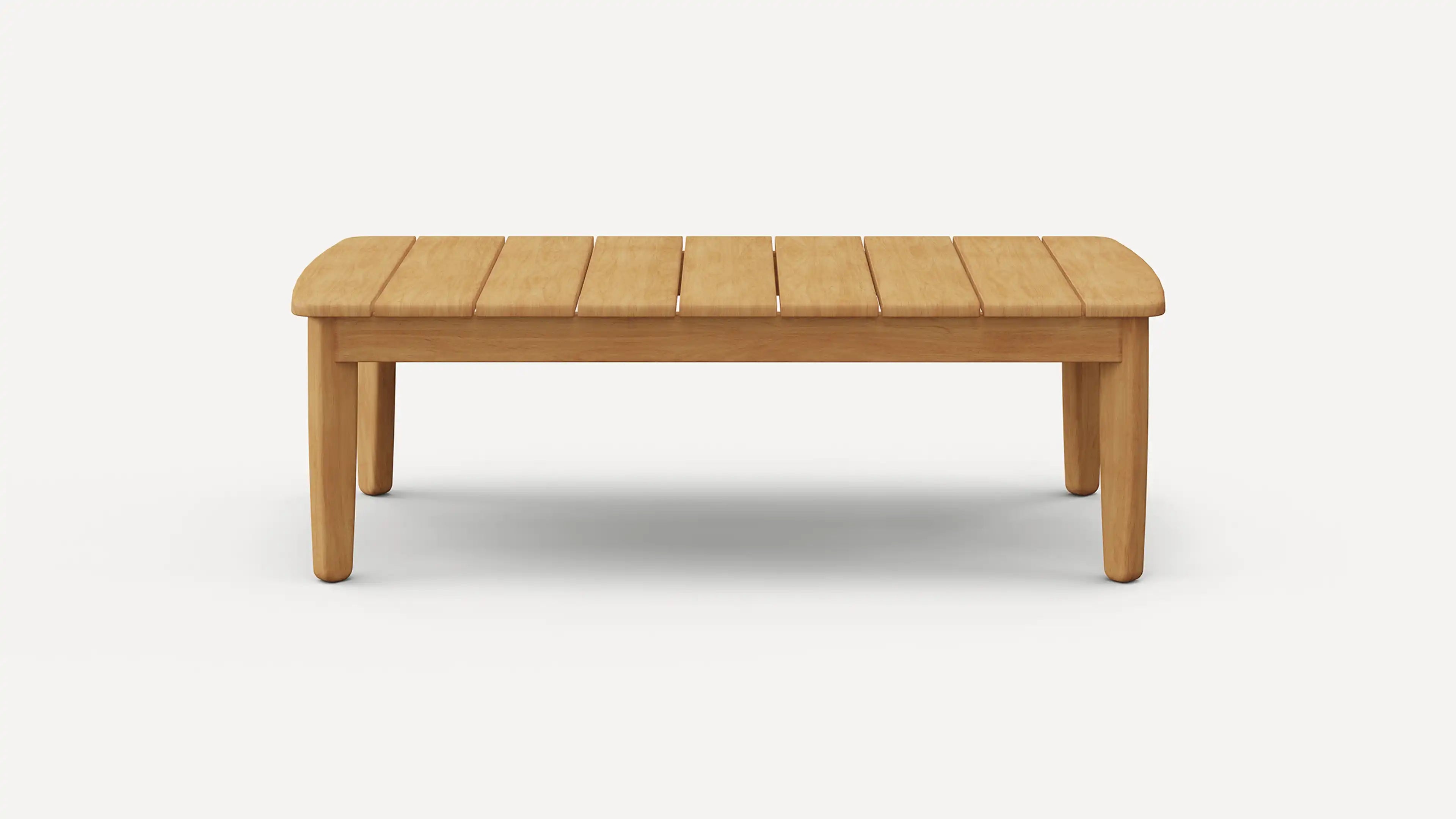 Light brown wooden coffee table with a slatted top and four rounded legs, shown against a plain white background.