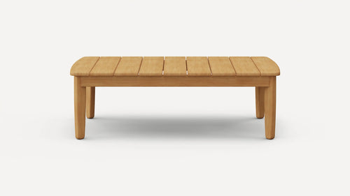 Light brown wooden coffee table with a slatted top and four rounded legs, shown against a plain white background.