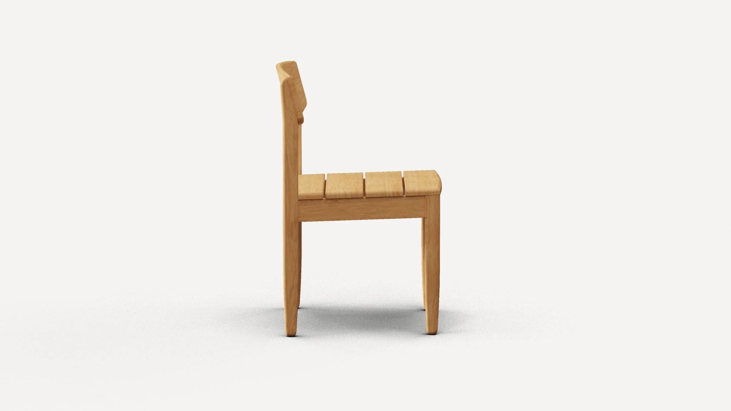 Side view of a wooden chair with a slatted seat and a slightly angled backrest, standing on a white background.