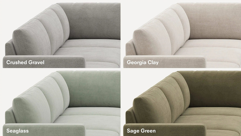 Four sectional sofa corners displayed in different fabric colors labeled Crushed Gravel, Georgia Clay, Seaglass, and Sage Green.