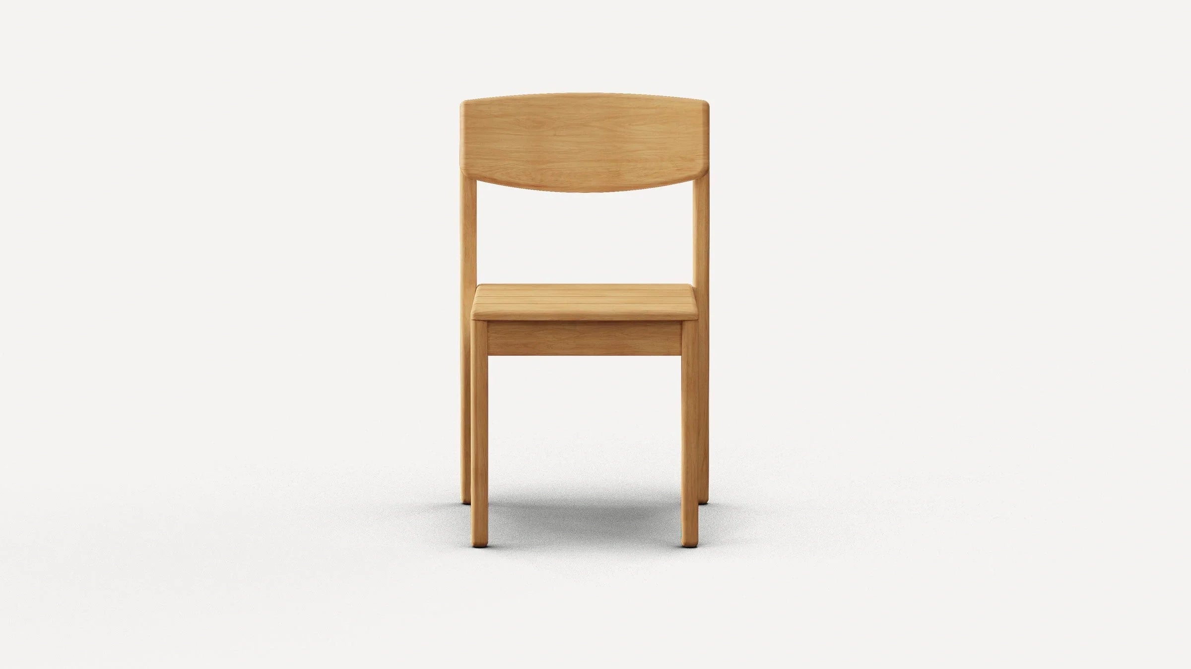 Front view of a simple wooden chair with a smooth backrest and flat seat on a plain white background.