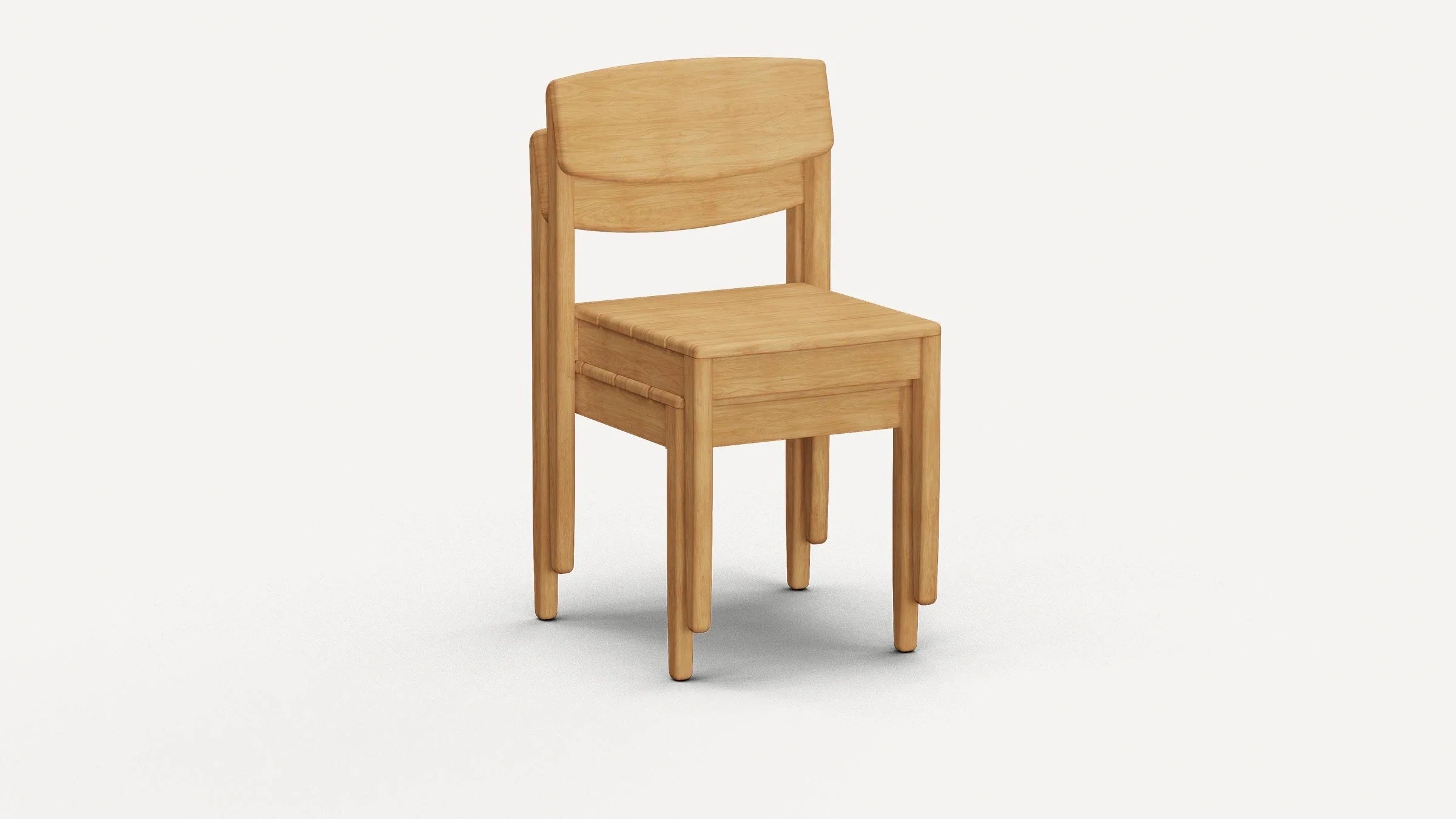 Stacked wooden chairs with rounded legs and simple, curved backrests on a plain white background.