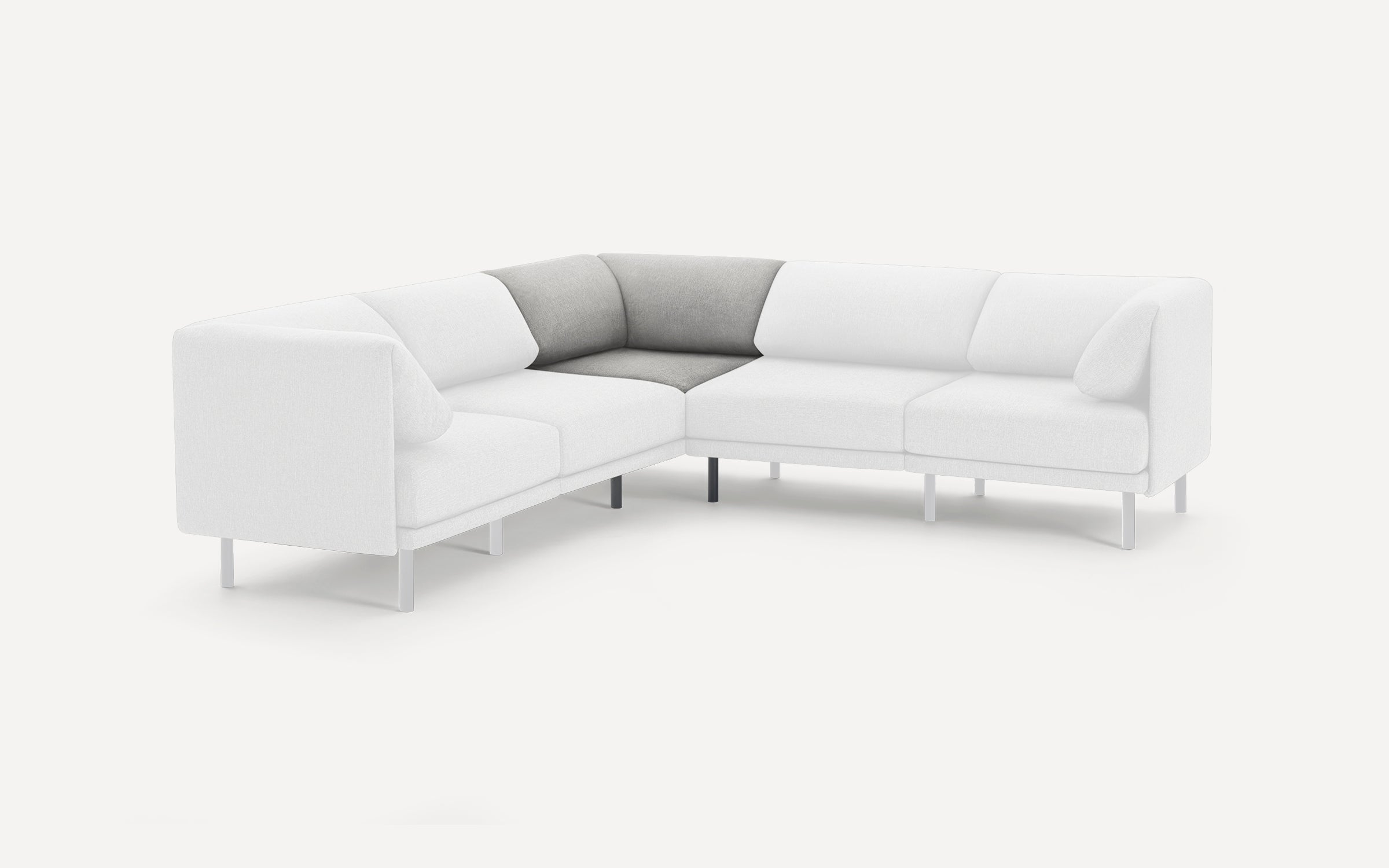 Modern L-shaped sectional sofa with white fabric upholstery and a contrasting light gray corner cushion for added style and comfort.