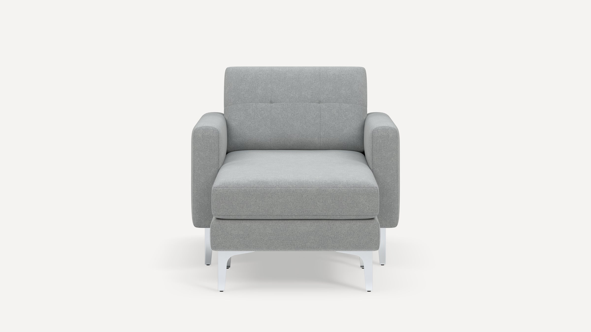 Modern gray upholstered armchair with cushioned seat and backrest, featuring clean lines and white metal legs.