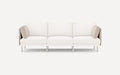 Modern three-seater sofa with white cushions and beige armrests, set against a plain background.