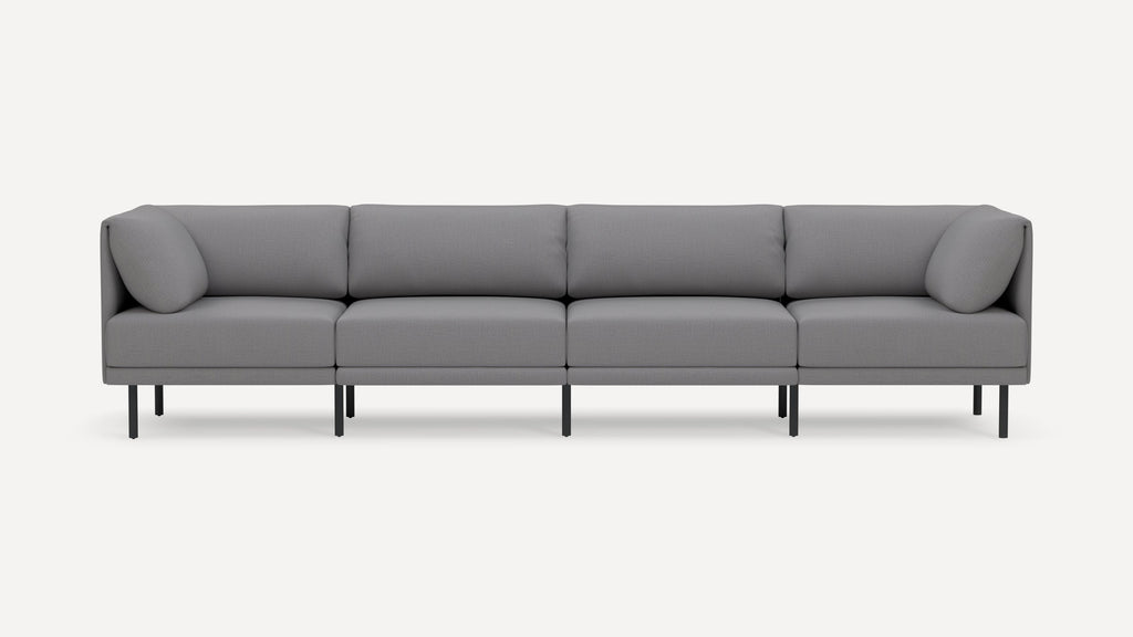 Modern gray fabric sectional sofa with clean lines, padded cushions, angled armrests, and black metal legs on white background.