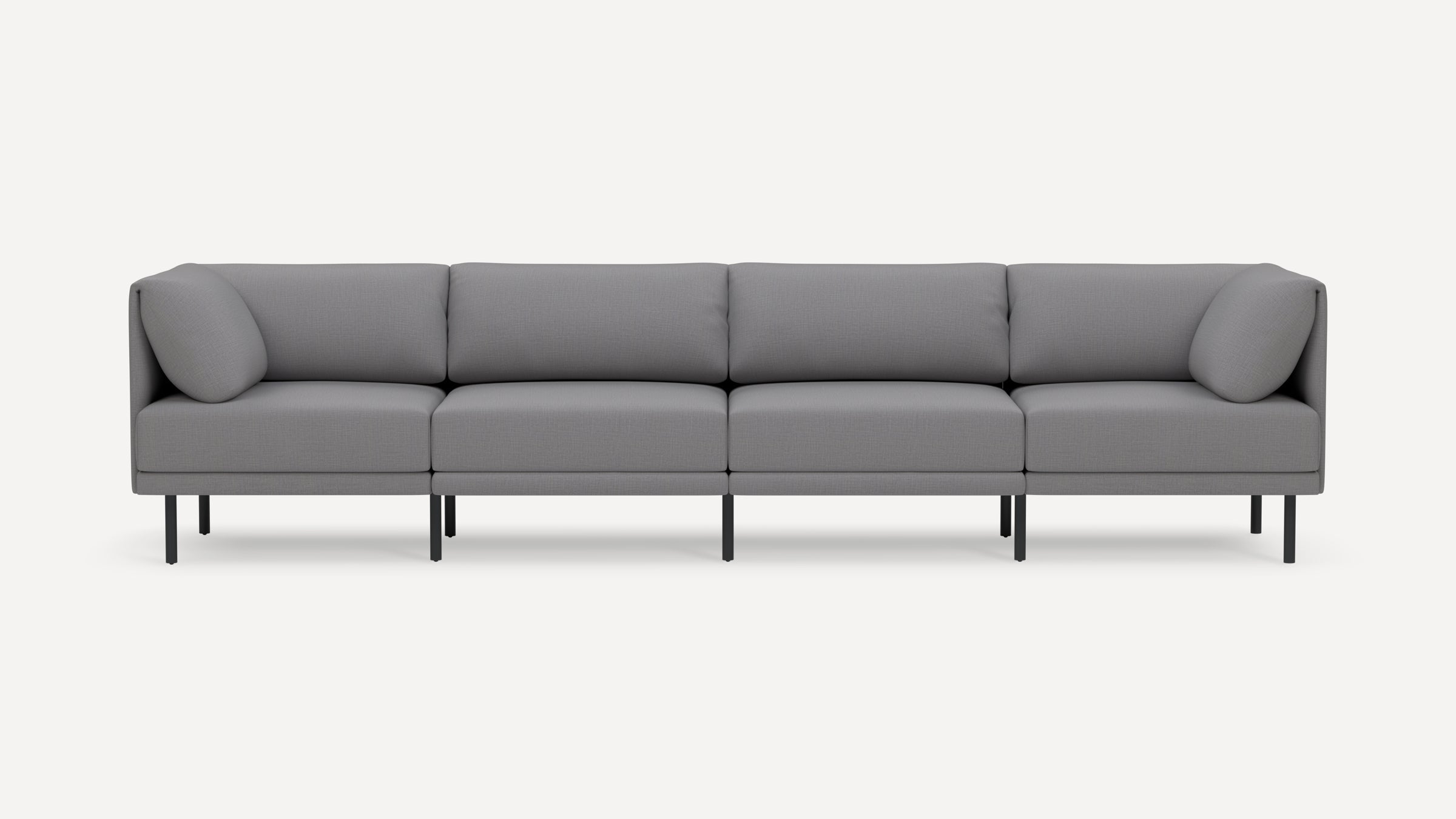 Modern gray fabric sectional sofa with clean lines, padded cushions, angled armrests, and black metal legs on white background.