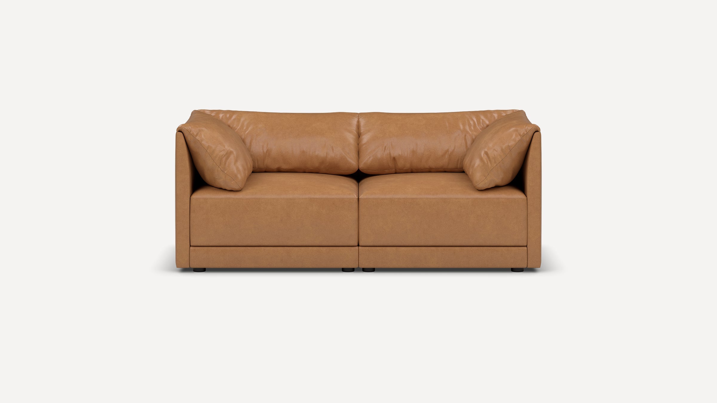 Front view of a modern, tan leather two-seater sofa with plush cushions and low armrests on a white background.