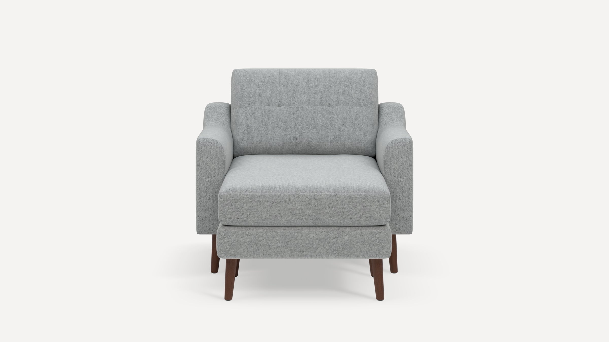 Modern light gray upholstered armchair with dark wooden legs, featuring a cushioned seat and backrest with subtle button tufting.