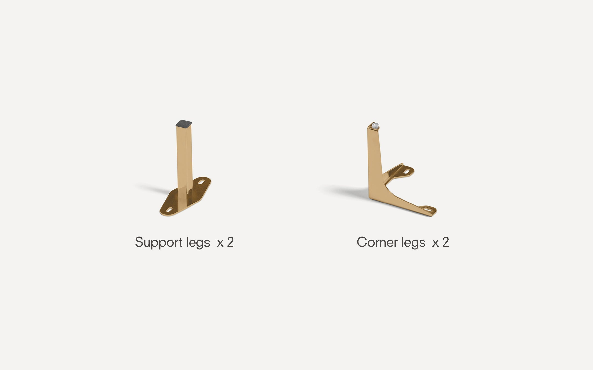 Two types of gold-colored metal legs displayed on a white background: two support legs and two corner legs, each with mounting holes.