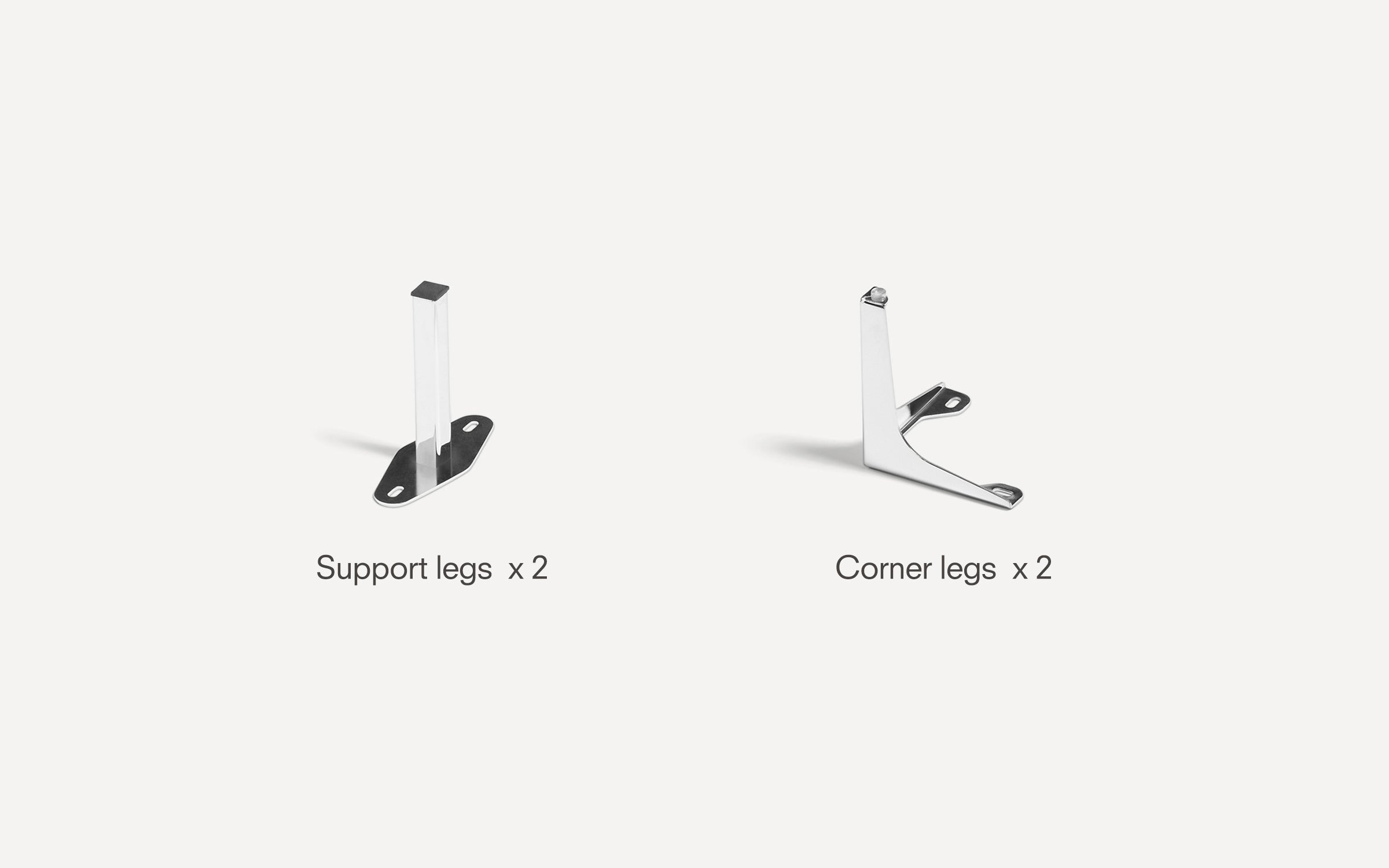 Two metal support legs and two metal corner legs, each with mounting holes, displayed on a white background.