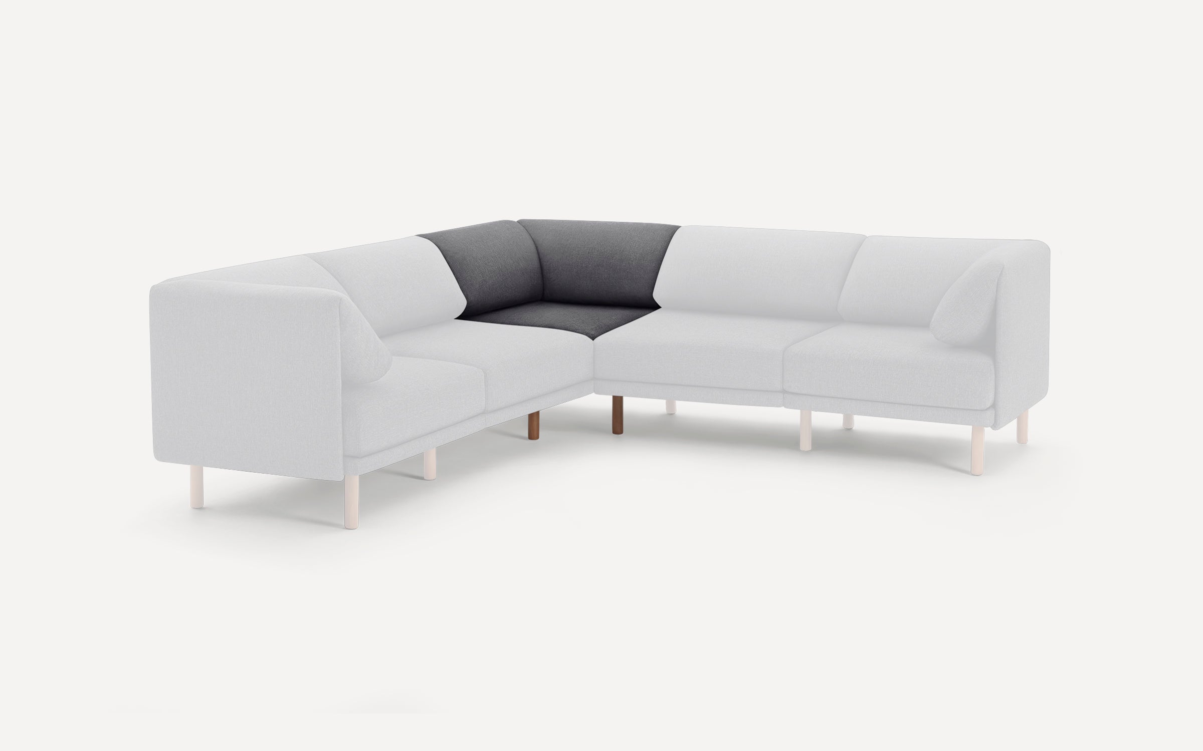 Modern L-shaped sectional sofa with light gray upholstery and a contrasting dark gray corner seat cushion.