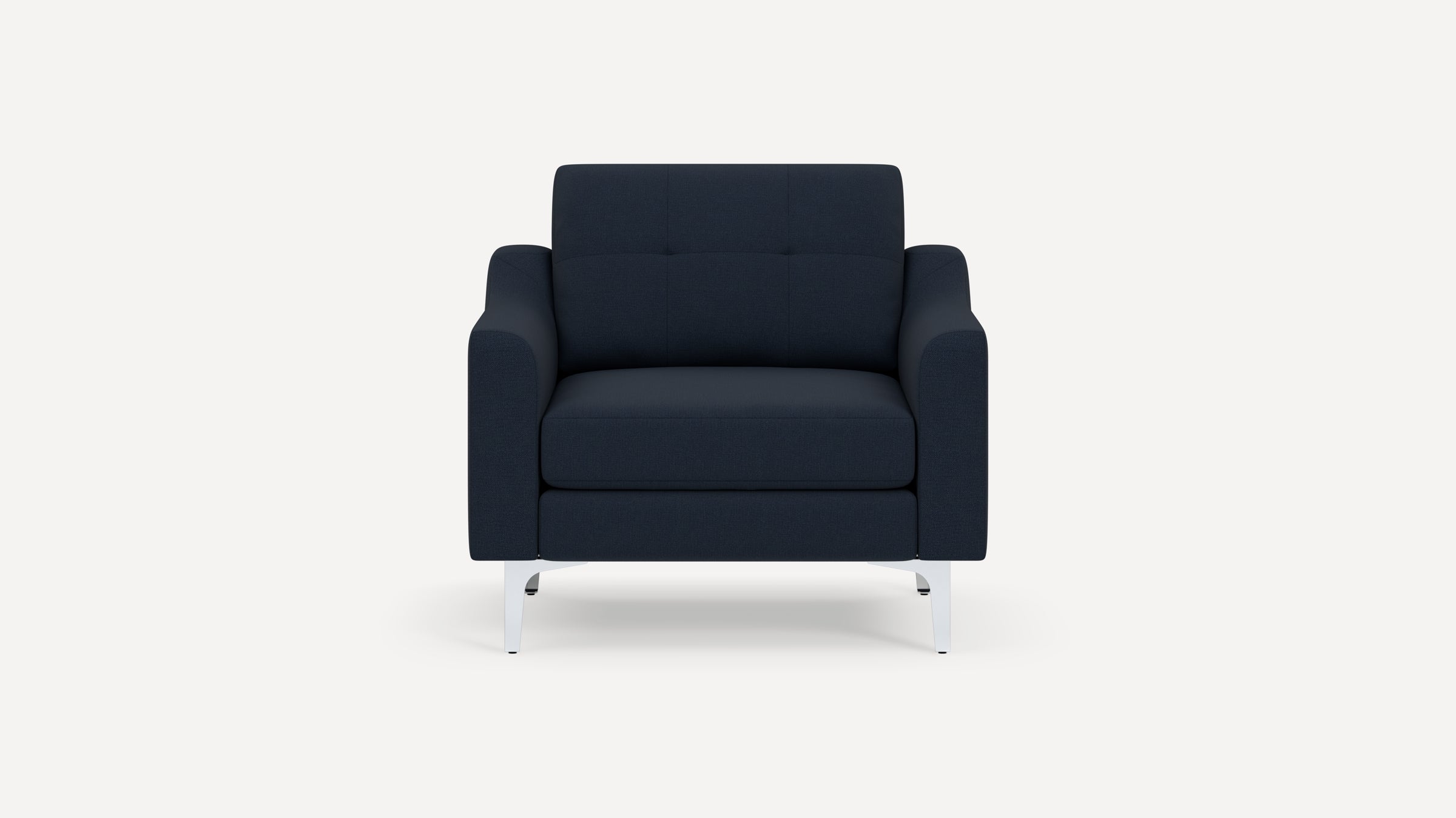 Front view of a modern navy blue fabric armchair with straight armrests and chrome metal legs.