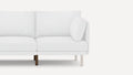 Modern white fabric sofa with clean lines, wooden legs, and a loose side cushion, shown from a partial side view.