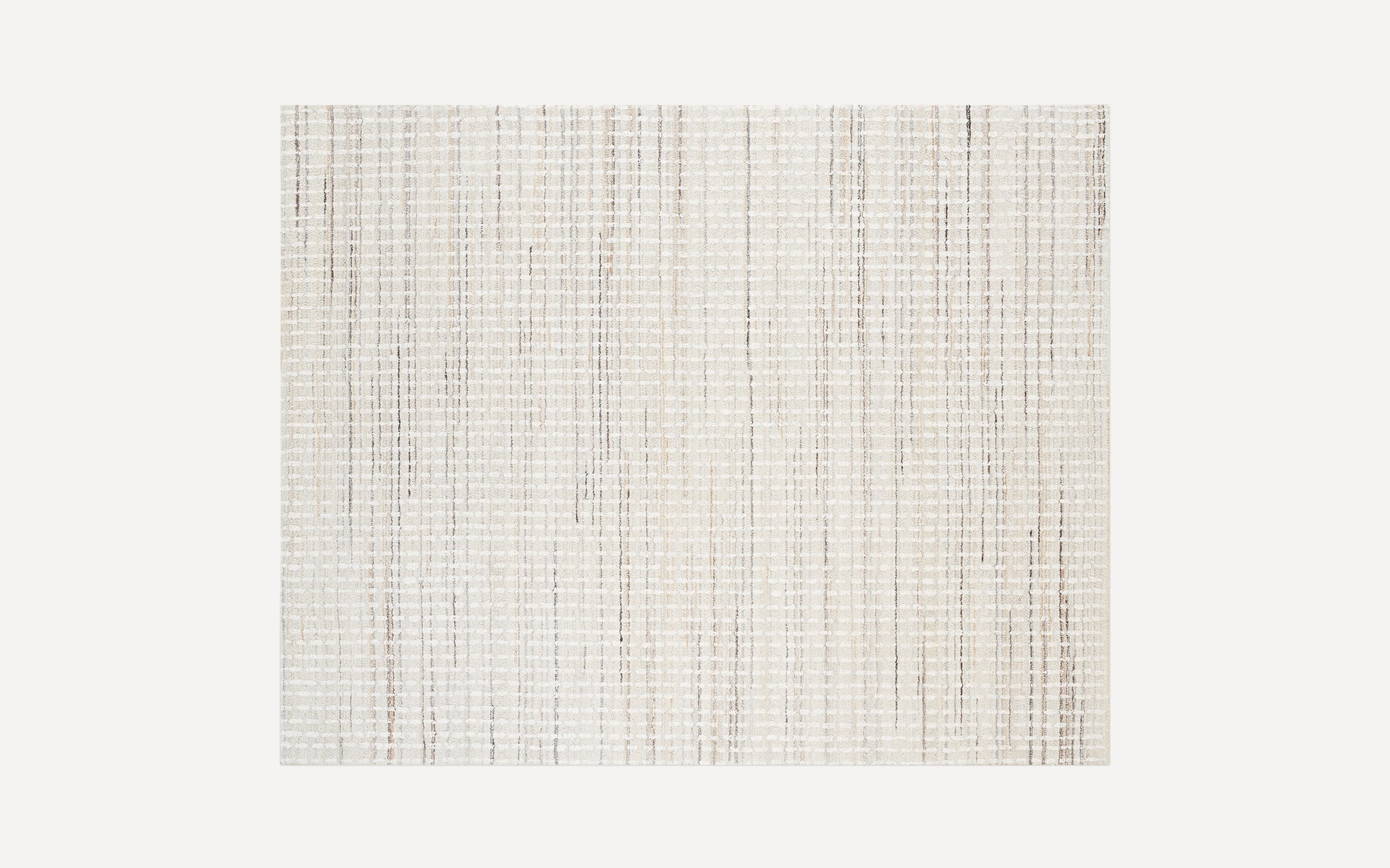 Rectangular area rug with a subtle neutral beige and cream lattice pattern featuring thin, random brown vertical and horizontal lines.