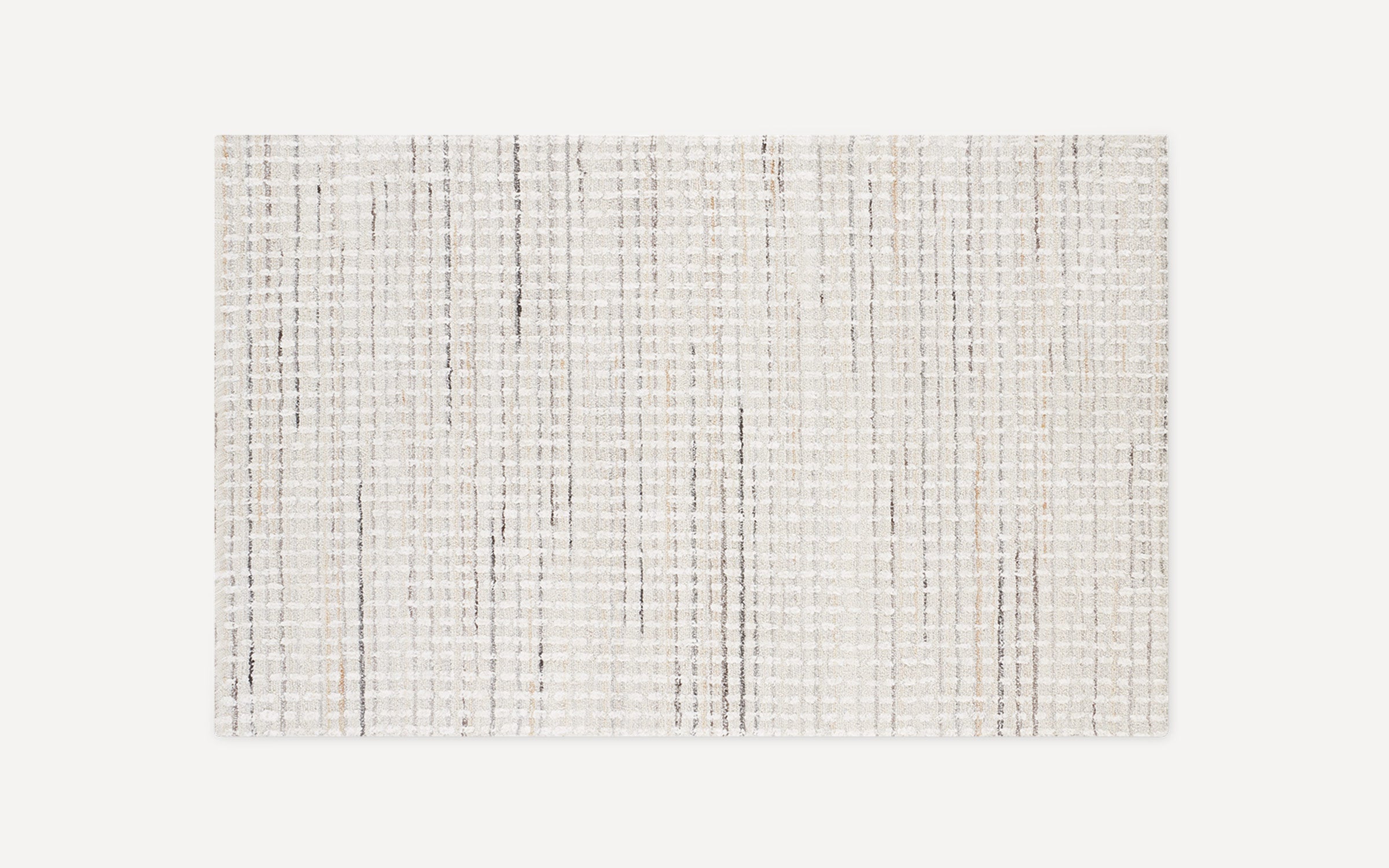 Rectangular area rug with a textured grid pattern in shades of beige, cream, and light brown on a white background.