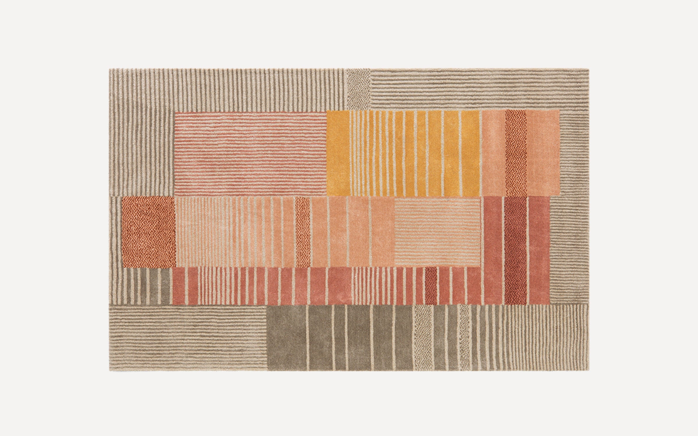 Rectangular area rug with abstract geometric blocks in beige, mustard yellow, coral, and terracotta colors featuring varied striped patterns.