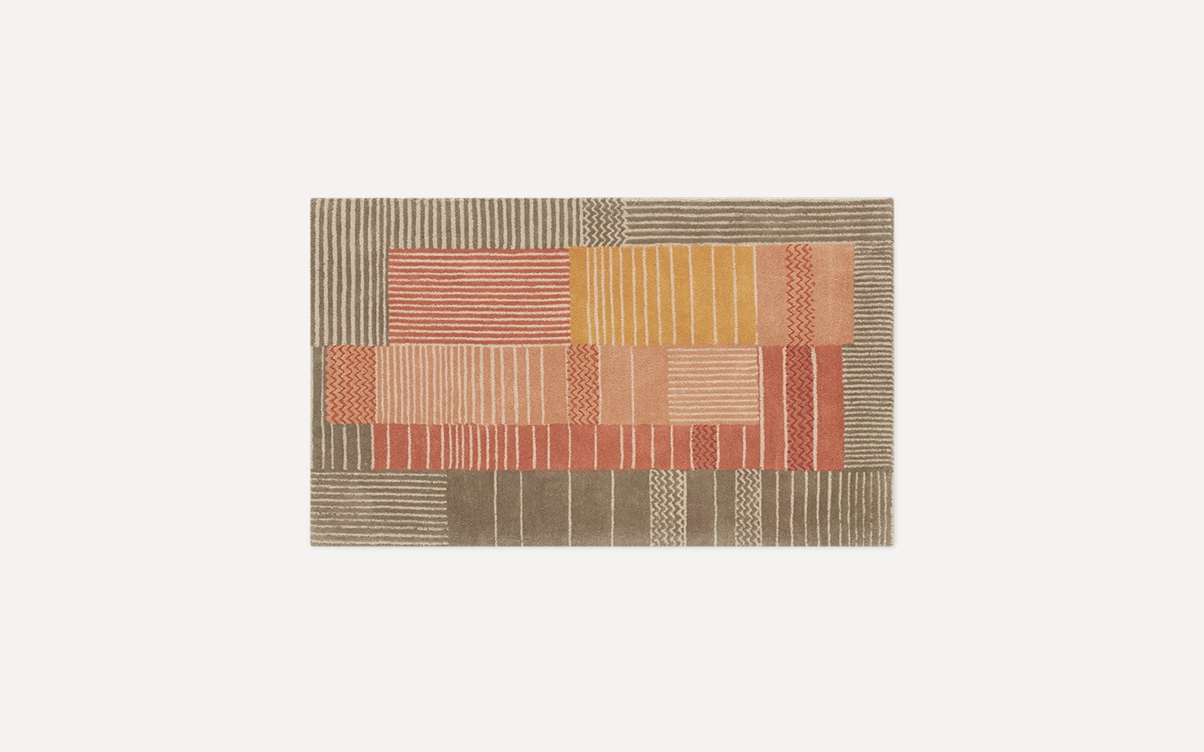 Rectangular rug with a geometric patchwork design in earthy tones of brown, orange, red, and yellow featuring various line patterns.