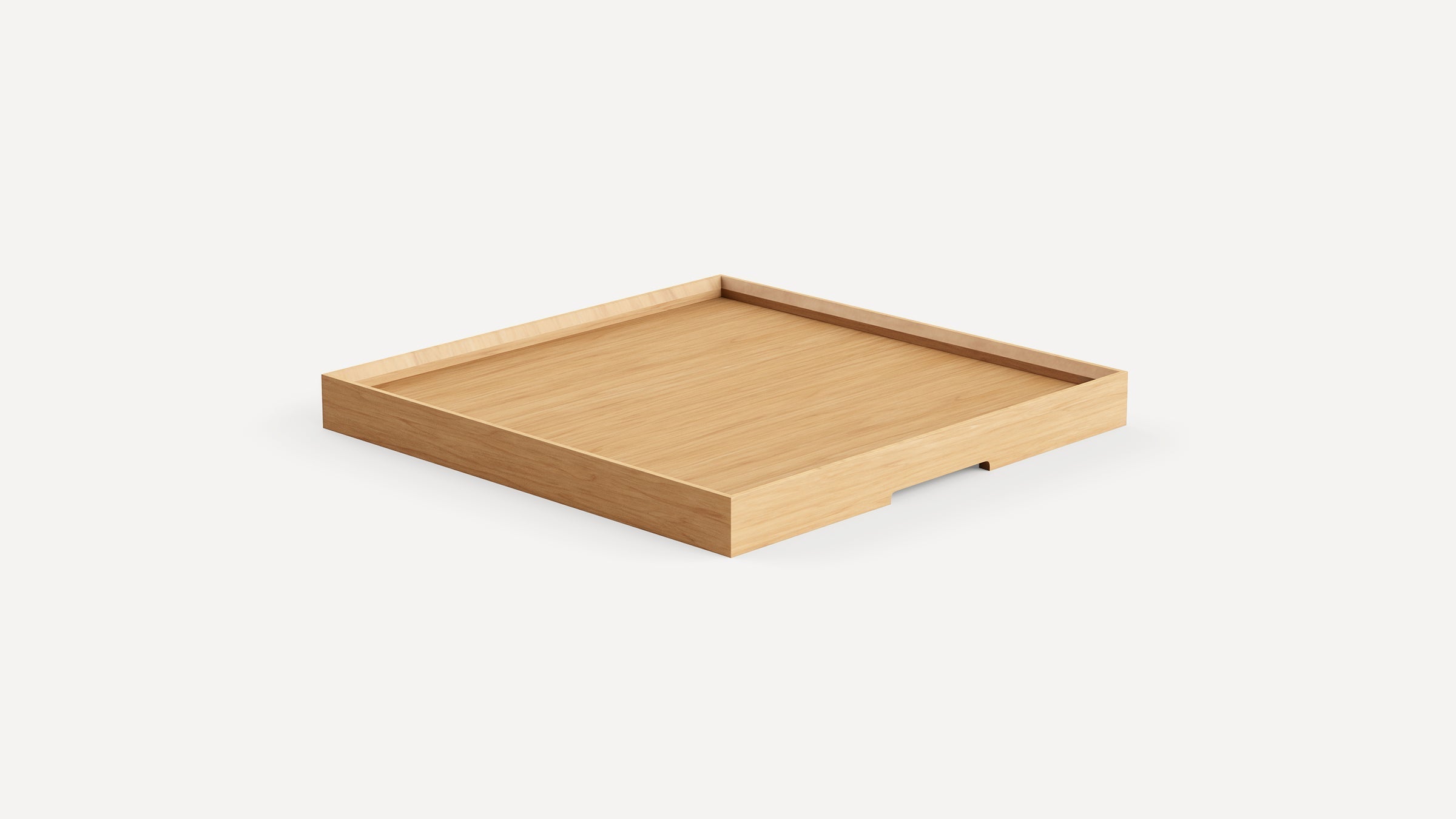 Square wooden serving tray with raised edges and natural light oak finish on a white background.