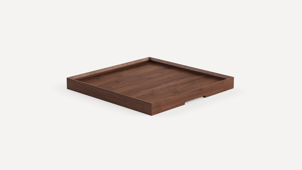 Square wooden serving tray with raised edges, medium brown finish, and a small notch on one side for easy handling.
