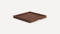 Square wooden serving tray with raised edges, medium brown finish, and a small notch on one side for easy handling.