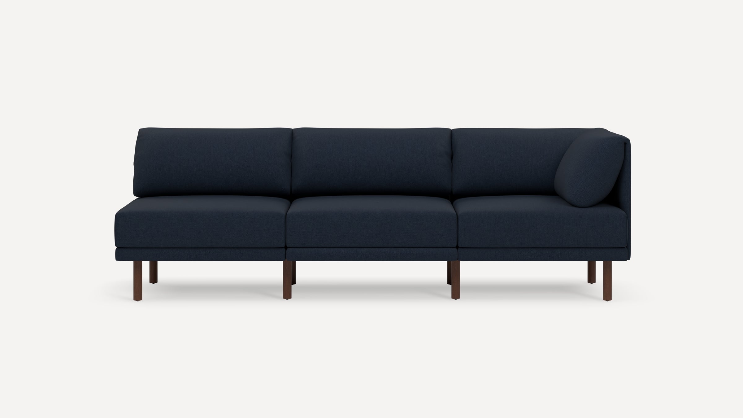 Modern navy blue three-seater sofa with clean lines, rectangular cushions, and wooden legs, displayed against a white background.