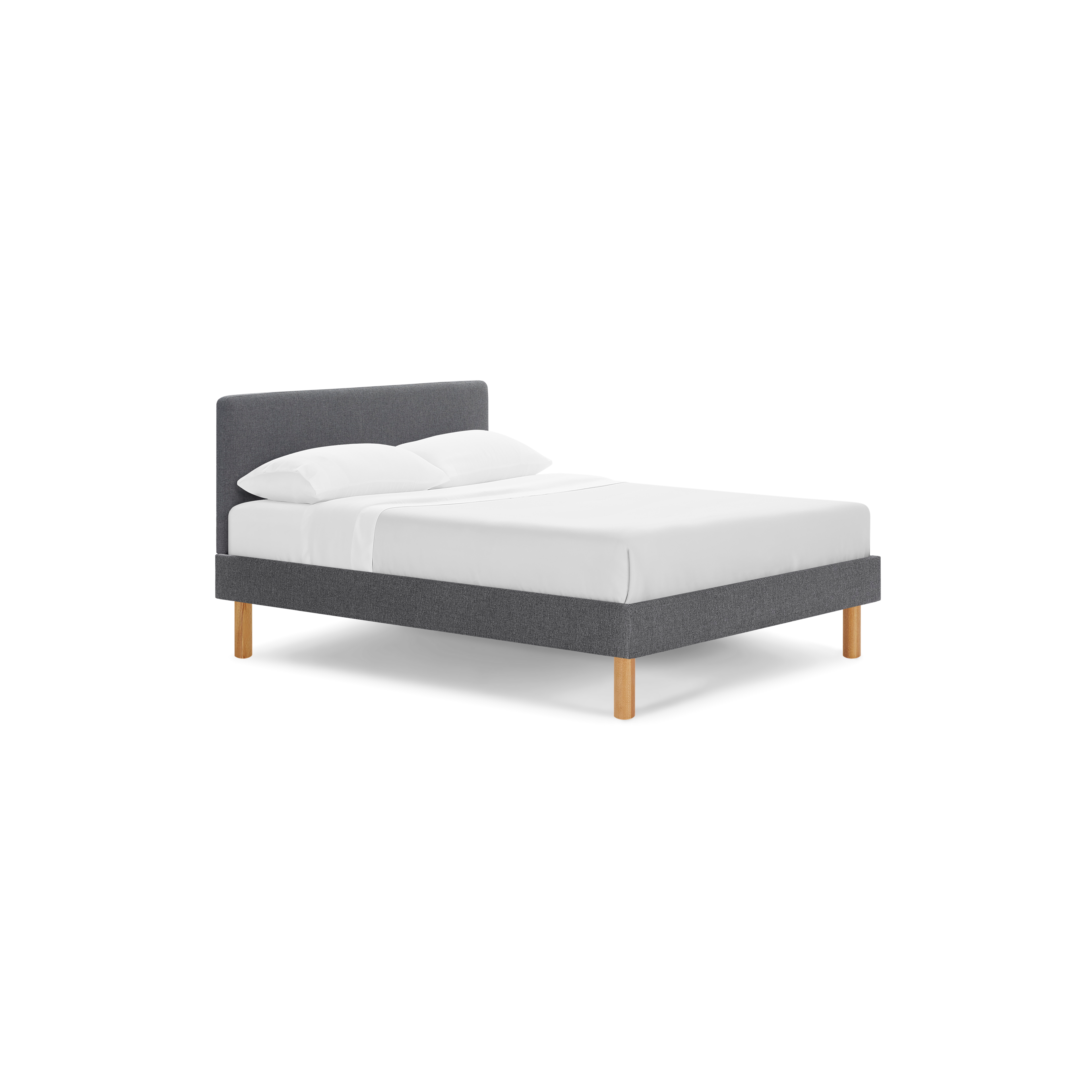 modern gray upholstered bed with wooden legs and white sheets on top of bed, isolated against a black background