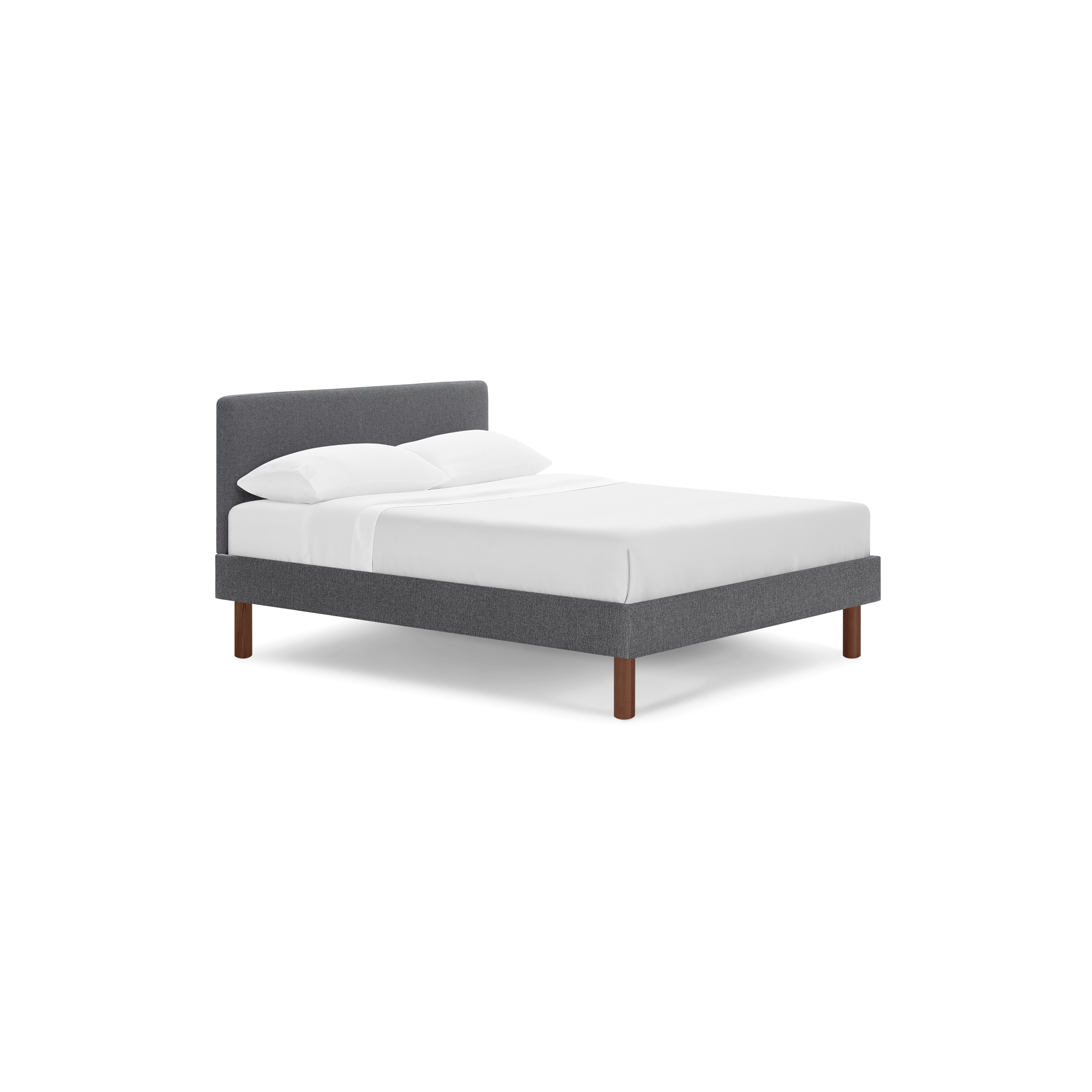 modern gray upholstered bed with wooden legs and white sheets on top of bed, isolated against a black background