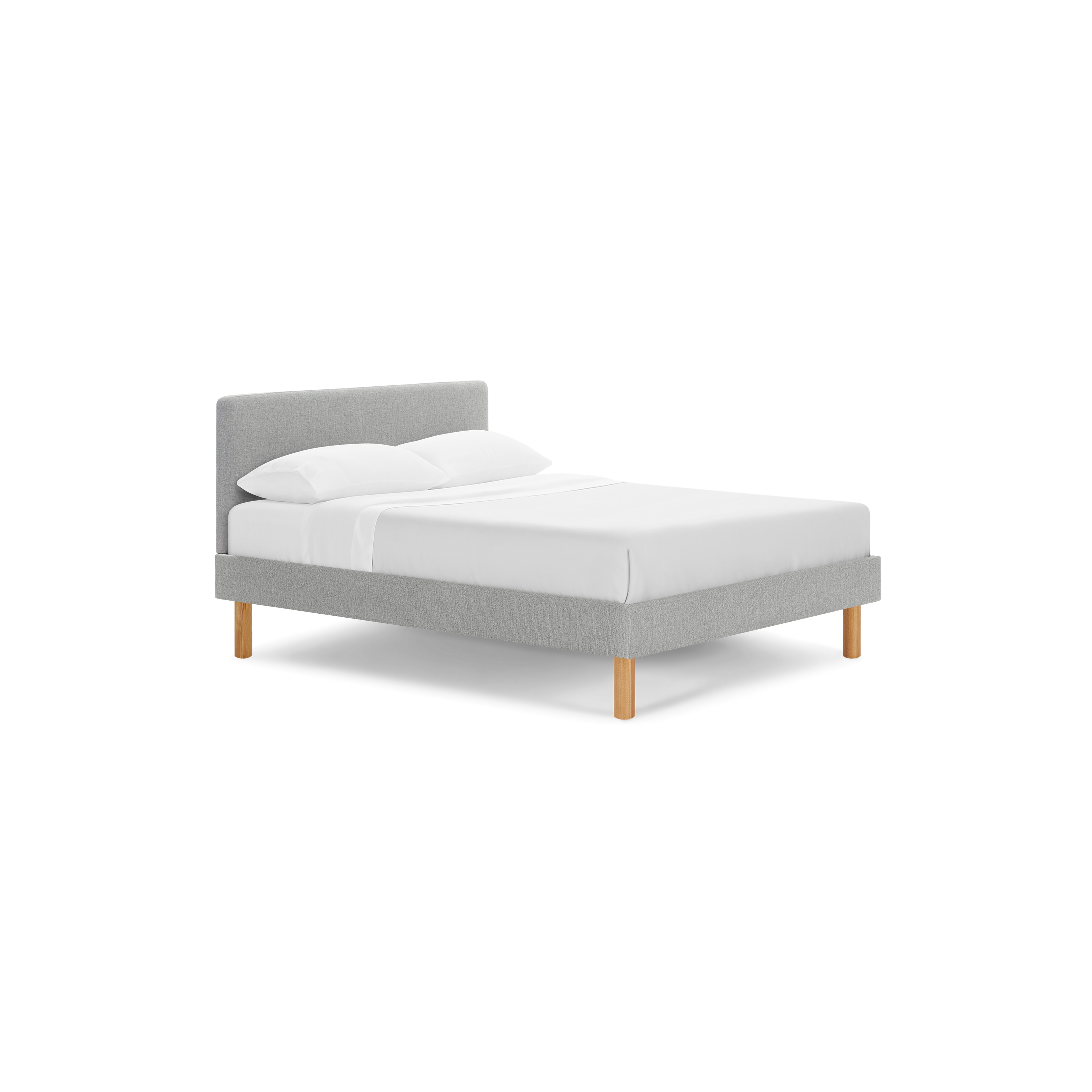 modern gray upholstered bed with wooden legs and a white pillow on top of the bed