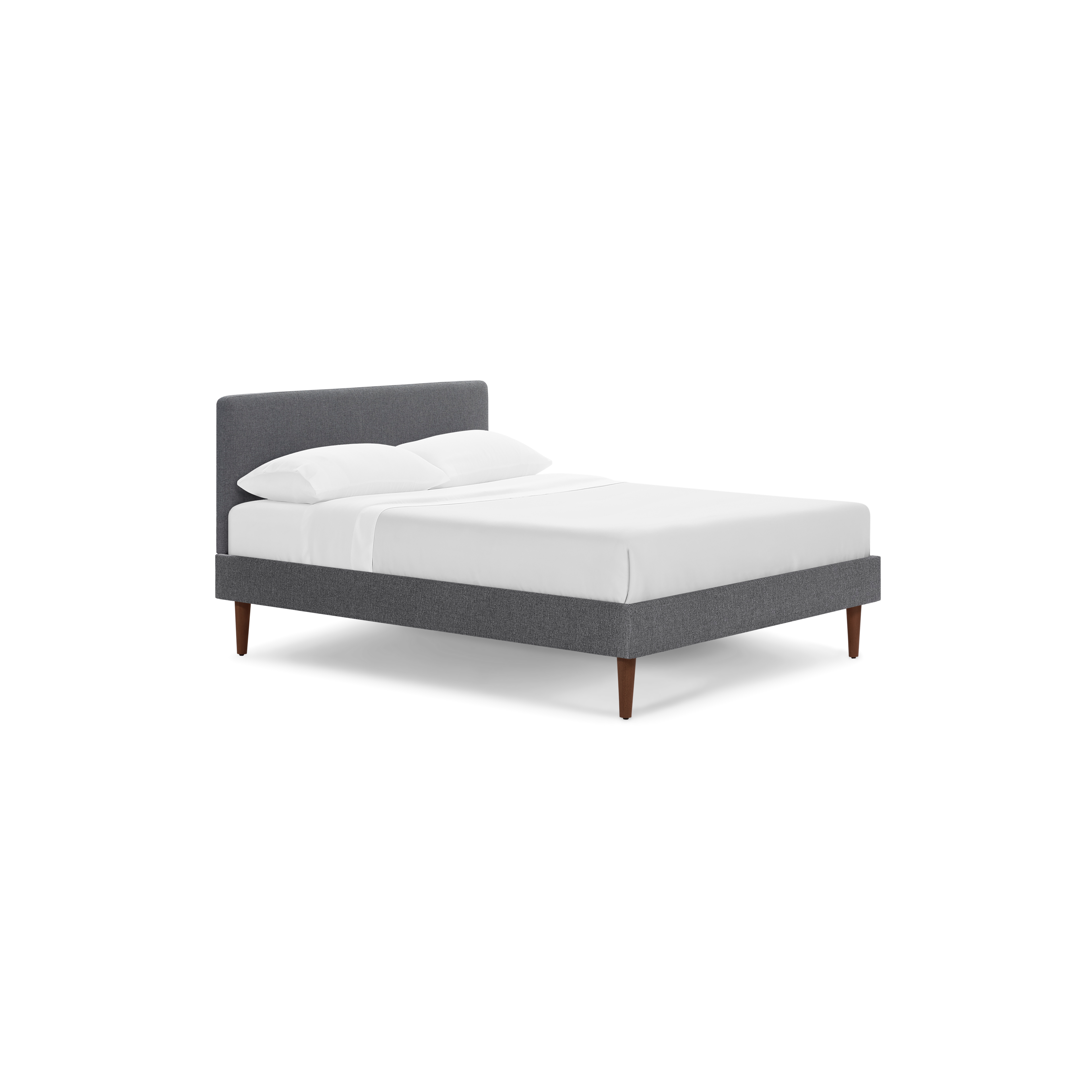 modern gray upholstered bed with wooden legs and white sheets on top of bed, isolated against a black background