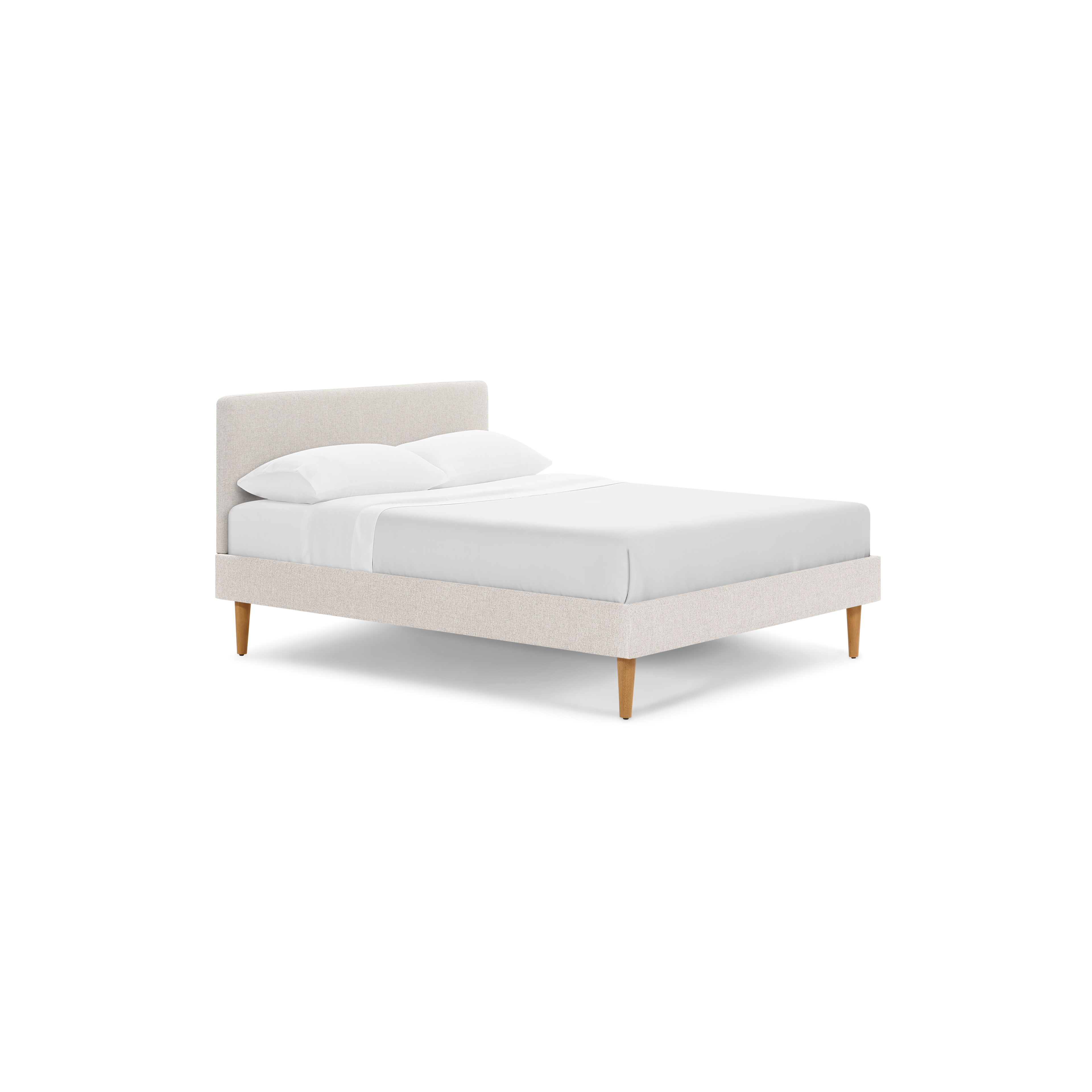 modern upholstered bed with beige upholstered headboard and wooden legs, featuring a white linen upholstery and a