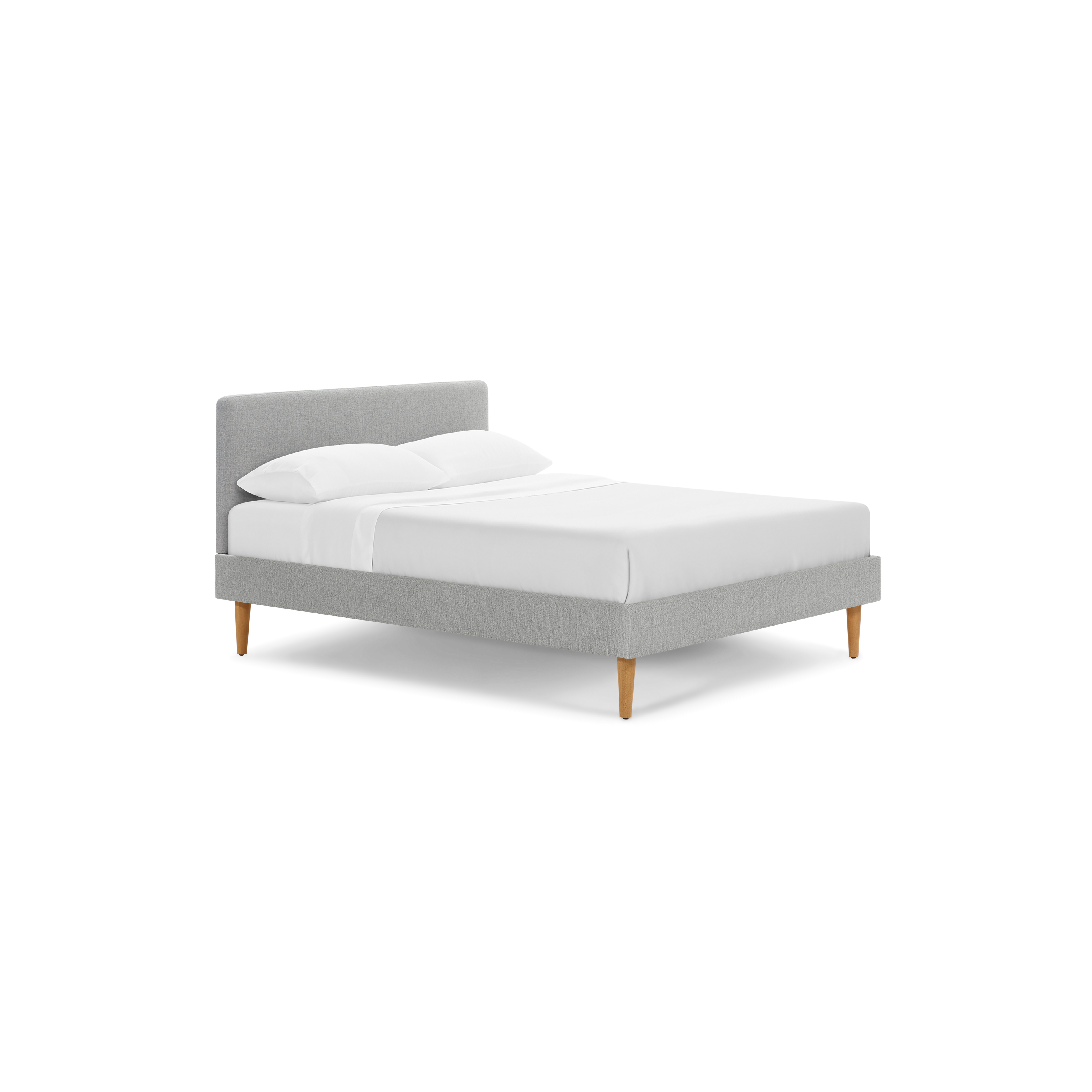 modern gray upholstered bed with wooden legs and a white pillow on top of the bed