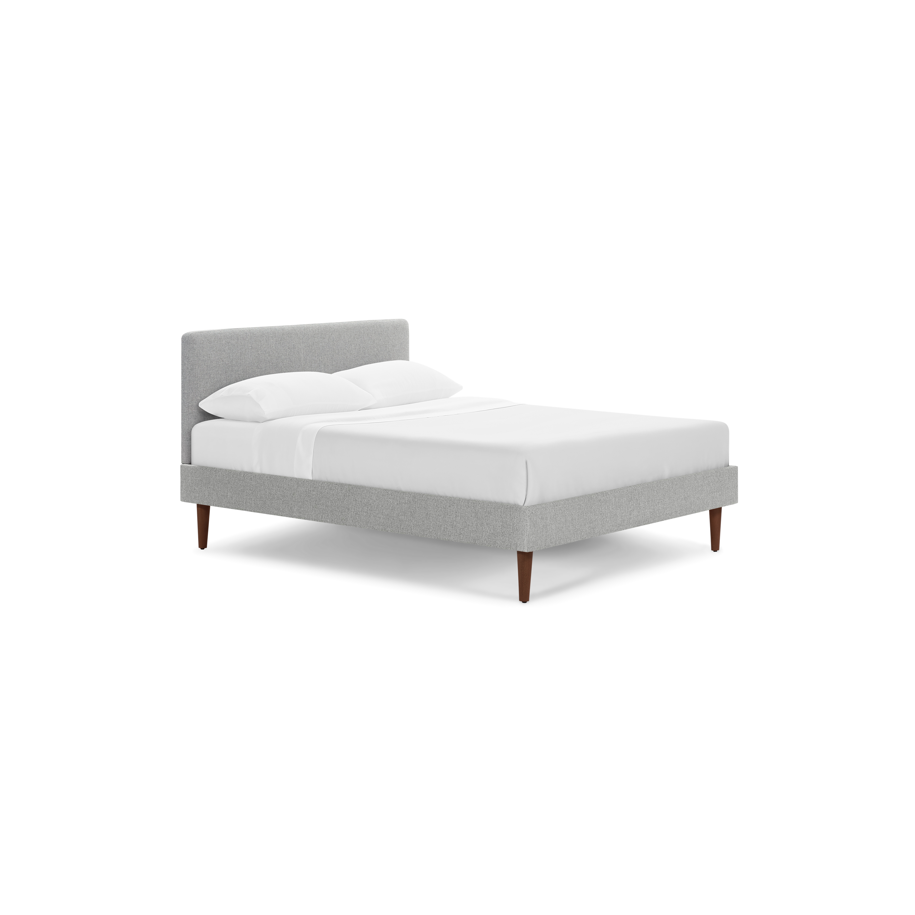 modern gray upholstered bed with wooden legs and a white pillow on top of the bed