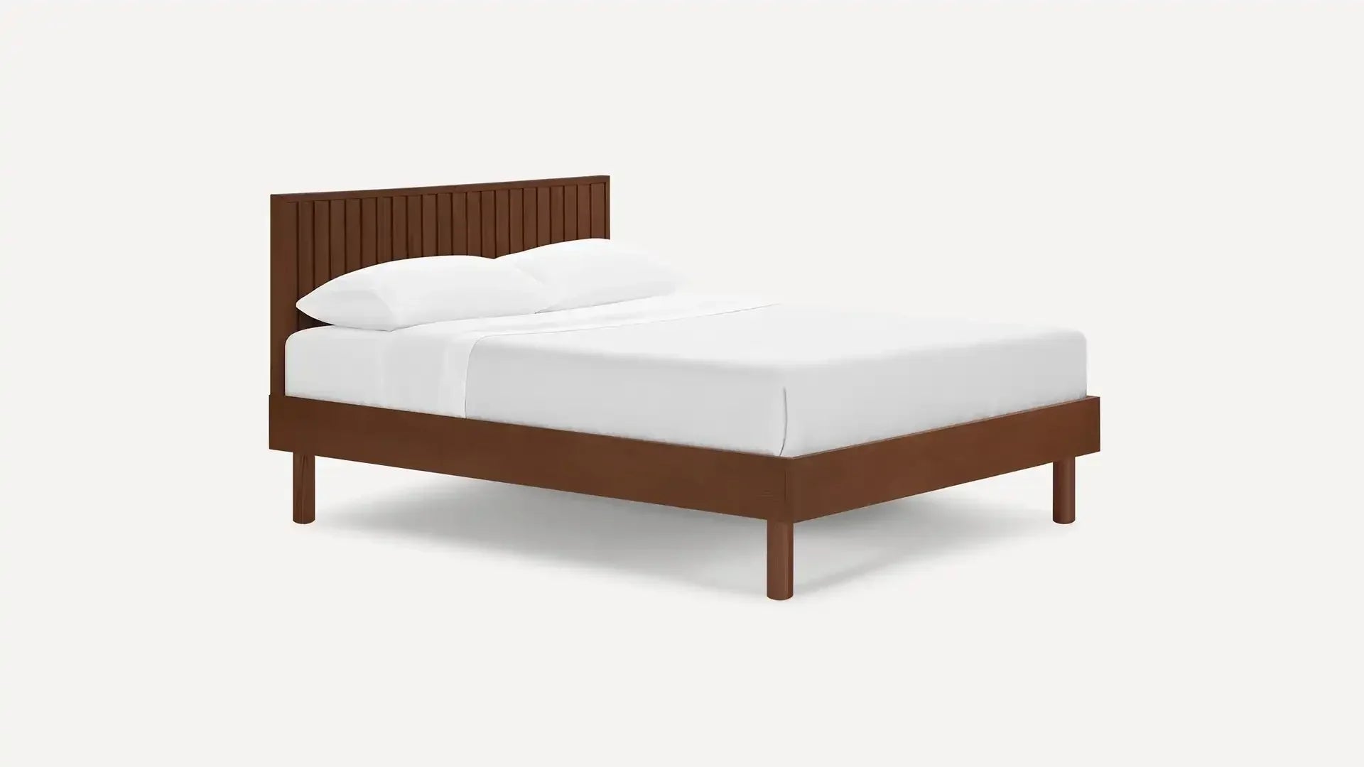 modern bed with wooden slatt and white sheets
