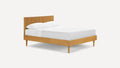 modern bed with wooden slatt and white sheets on a light background