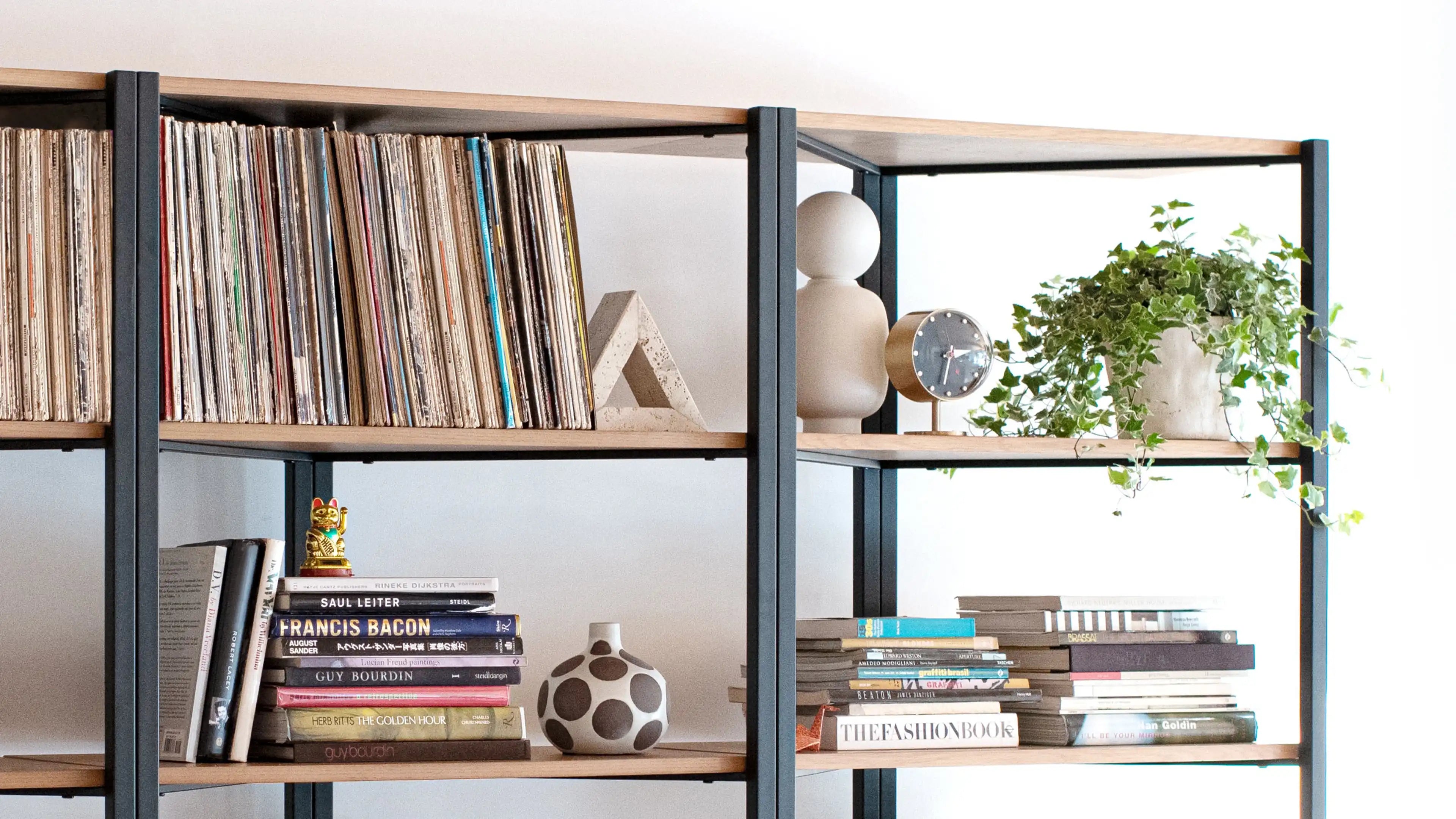 Metal and wood bookshelf with vinyl records, stacked books, decorative items, clock, and potted trailing ivy plant.