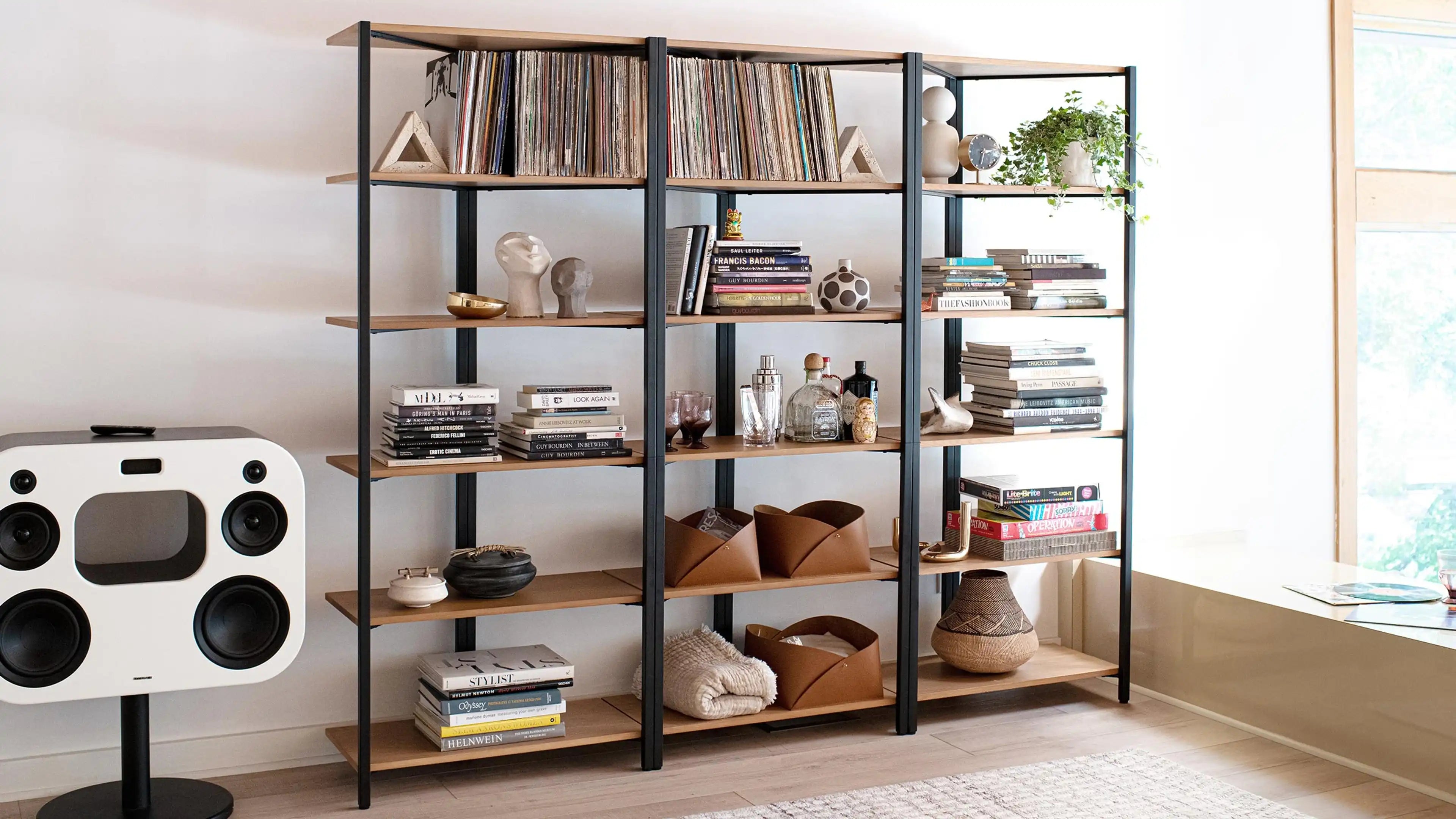 Open black metal frame and wood shelving unit filled with books, decor pieces, plants, and storage baskets in a bright living room.