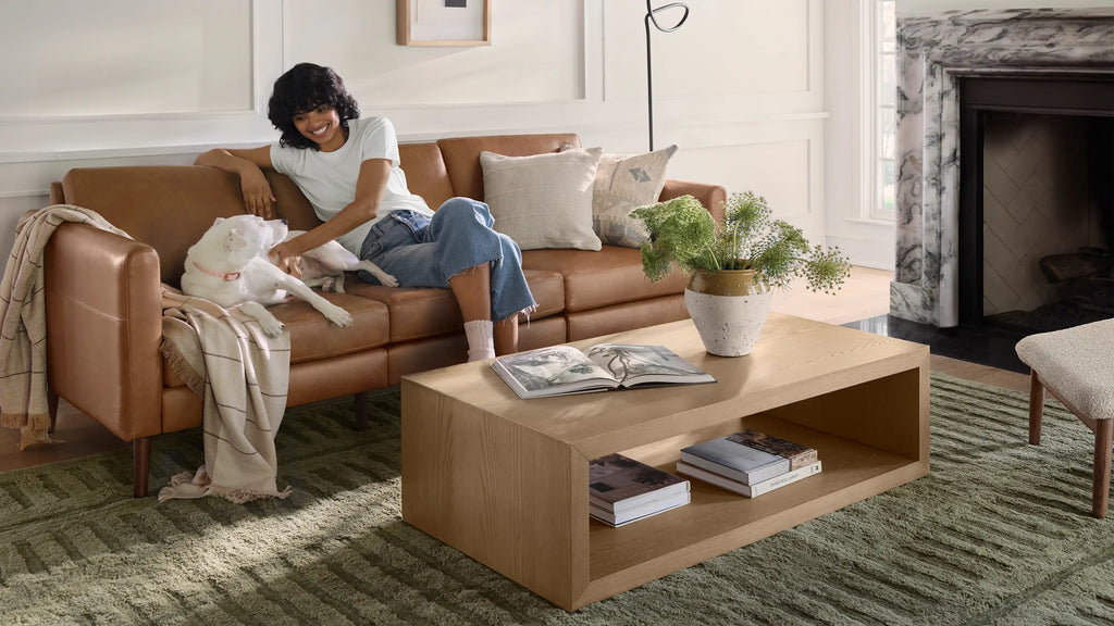 Modern living room with a brown leather sofa, a woman petting a white dog, wooden coffee table with books, vase, and a green textured rug.