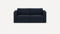 Front view of a modern navy blue two-seater sofa with squared armrests and cushioned backrest on a white background.