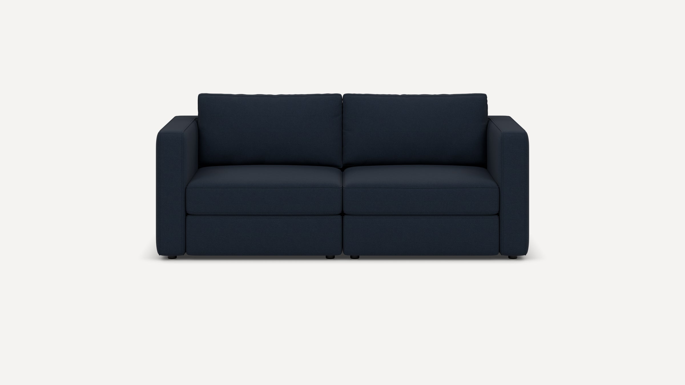 Front view of a modern navy blue two-seater sofa with squared armrests and cushioned backrest on a white background.