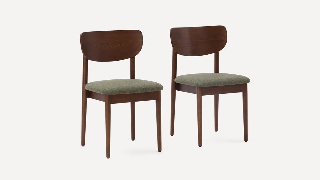 Two mid-century modern wooden chairs with dark brown finish and olive green upholstered seats on a white background.