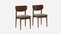 Two mid-century modern wooden chairs with dark brown finish and olive green upholstered seats on a white background.