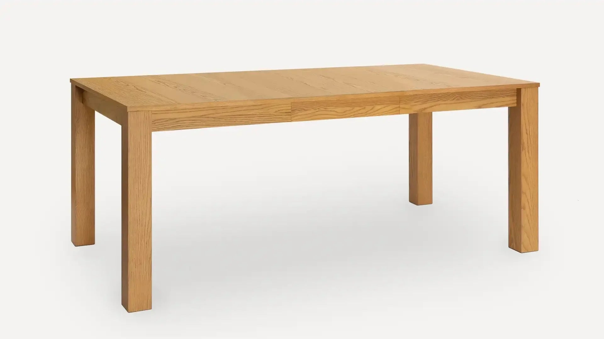 Simple rectangular wooden dining table with four sturdy square legs, natural light oak finish, and smooth surface.