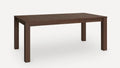 Rectangular dark brown wooden dining table with four sturdy legs and a smooth, flat surface.