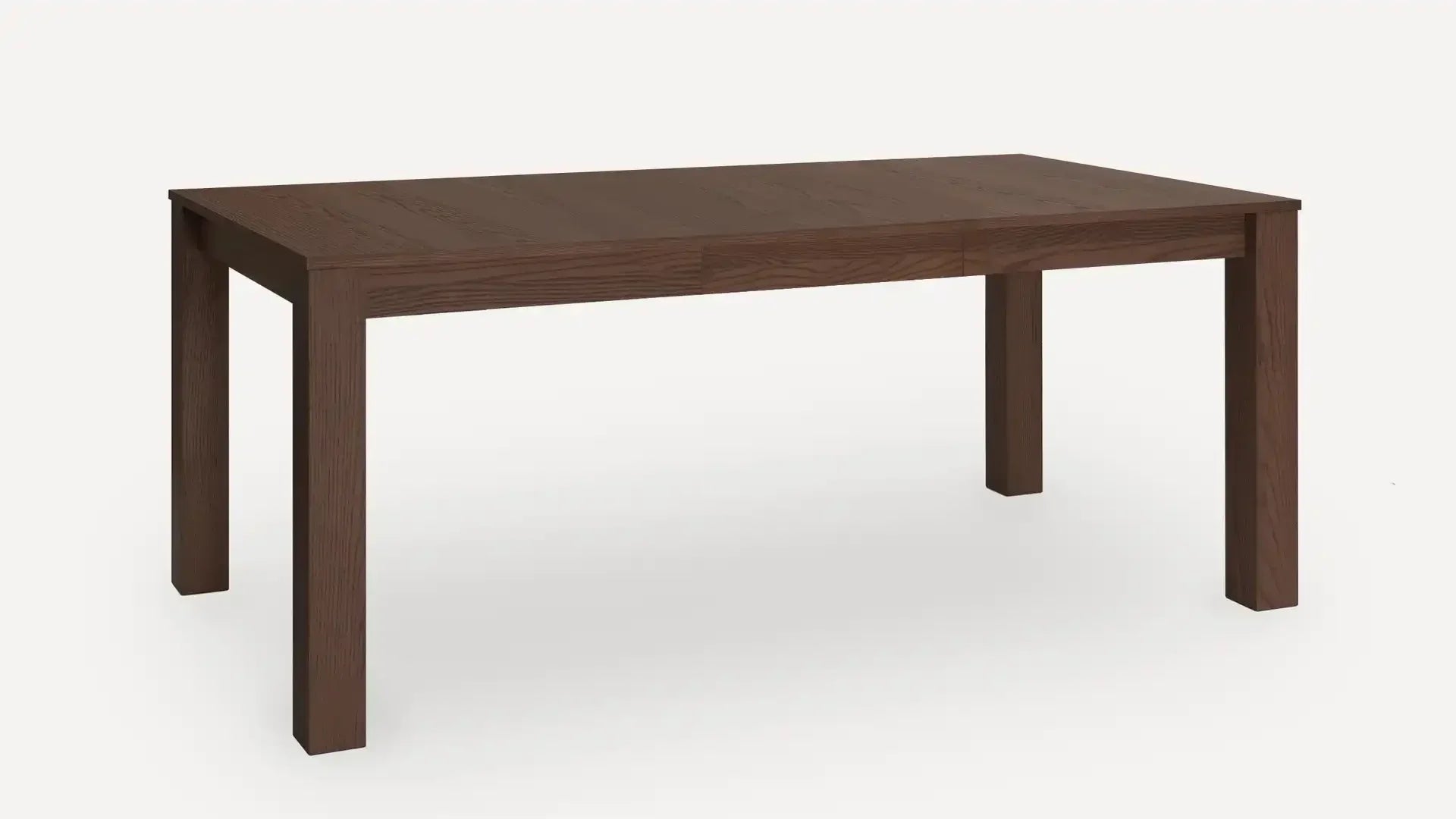 Rectangular dark brown wooden dining table with four sturdy legs and a smooth, flat surface.